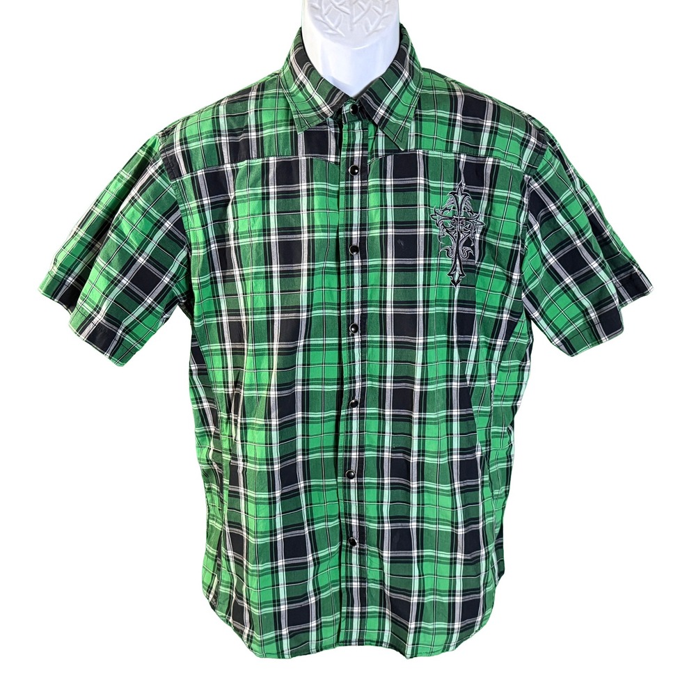 Edify‎ Button Down Shirt Mens Large Green Plaid Gothic Cross Snap Short Sleeve
